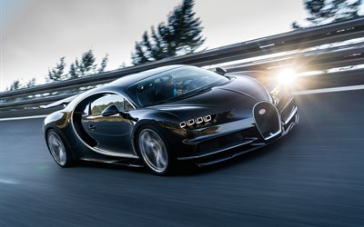 Bugatti Chiron de 2017, los coches, carretera, movimiento, supercars, negro Bugatti