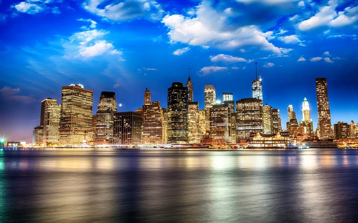 New York, notte, Manhattan, grattacieli, America, USA
