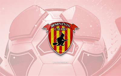 Benevento glossy logo, 4K, red football background, Serie B, soccer, italian football club, Benevento 3D logo, Benevento emblem, Benevento FC, football, sports logo, Benevento Calcio