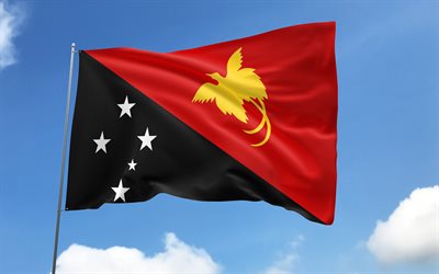 drapeau papouasie nouvelle guinée sur mât, 4k, pays océaniens, ciel bleu, drapeau de la papouasie nouvelle guinée, drapeaux de satin ondulés, drapeau papouasie nouvelle guinée, symboles nationaux de papouasie nouvelle guinée, mât avec des drapeaux, papouasie nouvelle guinée