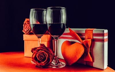 dia de san valentin, 4k, vasos de vino, caja de regalo, 14 de febrero, corazón, rosa, día de san valentín