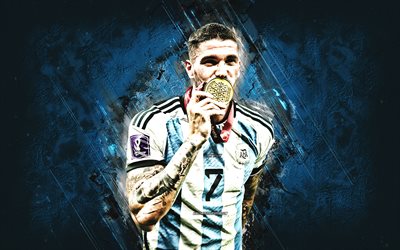 rodrigo de paul, argentiinan jalkapallomaajoukkue, argentiinalainen jalkapalloilija, keskikenttäpelaaja, muotokuva, sininen kivi tausta, argentiina, jalkapallo