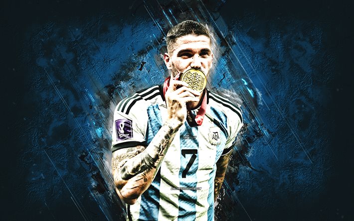 Rodrigo de Paul, Argentina National Football Team, Argentine Football Player, Midfielder, Portrait, Blue Stone Background, Argentina, Football