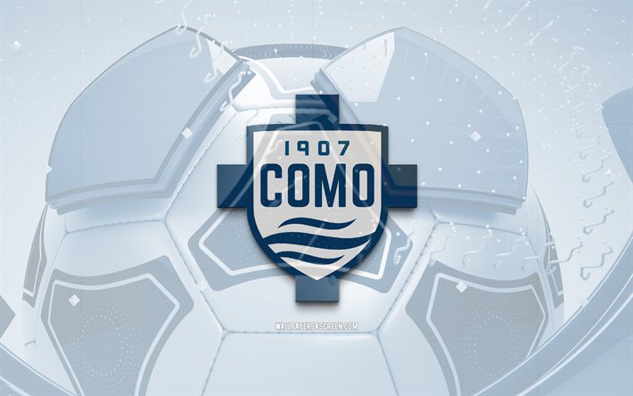 Como 1907 glossy logo, 4K, blue football background, Serie B, soccer, italian football club, Como 1907 3D logo, Como 1907 emblem, Como FC, football, sports logo, Como 1907