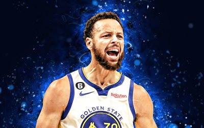 4k, Stephen Curry, white uniform, Golden State Warriors, blue neon lights, NBA, basketball, Stephen Curry 4K, blue abstract background, Stephen Curry Golden State Warriors