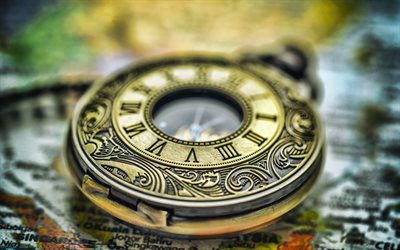 relógio de bolso antigo, 4k, relógio no mapa, hora de viajar, relógio de bolso com enfeites, conceitos de tempo, relógio antigo