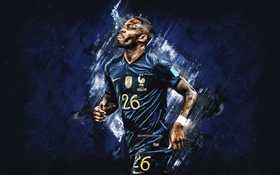 marco thuram, nazionale di calcio della francia, calciatore francese, attaccante, sfondo di pietra blu, arte del grunge, calcio, francia