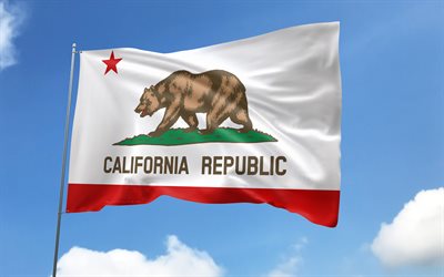 California flag on flagpole, 4K, american states, blue sky, flag of California, wavy satin flags, California flag, US States, flagpole with flags, United States, Day of California, USA, California
