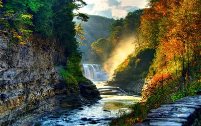 outono, rio de montanha, floresta, cachoeiras