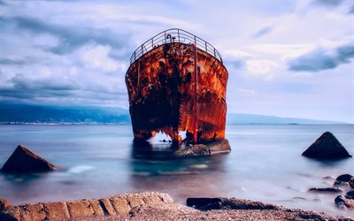 sunken ship, beach, sea, coast, abandoned ship, evening