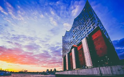 Elbphilharmonie, Sala Filarmónica del Elba en Hamburgo, edificios modernos, sala de conciertos, noche, puesta de sol, Alemania