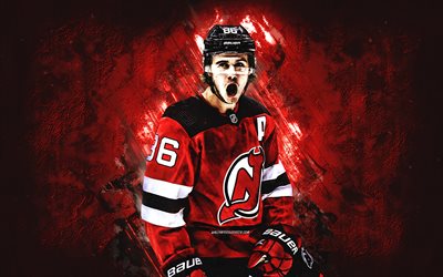 jack hughes, devils du new jersey, portrait, nhl, fond de pierre rouge, joueur de hockey américain, états-unis, ligue nationale de hockey