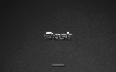 Dash logo, cryptocurrency, gray stone background, Dash emblem, cryptocurrency logos, Dash, cryptocurrency signs, Dash metal logo, stone texture