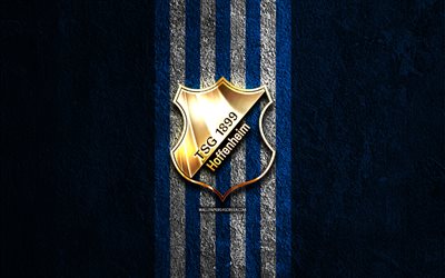 tsg 1899 ホッフェンハイムの金色のロゴ, 4k, 青い石の背景, ブンデスリーガ, ドイツのサッカークラブ, tsg 1899 ホッフェンハイムのロゴ, サッカー, tsg 1899 ホッフェンハイムのエンブレム, tsg 1899 ホッフェンハイム, フットボール, ホッフェンハイムfc