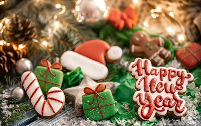 Merry Christmas 4k, evening, Christmas cookies, Happy New Year, garland, Christmas template, Merry Christmas greeting card, Christmas background