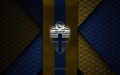 seleção sueca de futebol, uefa, textura de malha amarela azul, europa, logo da seleção sueca de futebol, futebol, emblema da seleção nacional de futebol da suécia, suécia