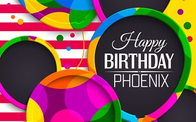 phoenix happy birthday, 4k, arte 3d astratta, nome di phoenix, linee rosa, compleanno di phoenix, palloncini 3d, nomi femminili americani popolari, happy birthday phoenix, foto con nome di phoenix, phoenix