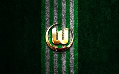 vfl wolfsburg logo doré, 4k, fond de pierre verte, bundesliga, club de football allemand, vfl wolfsburg logo, football, vfl wolfsburg emblème, vfl wolfsburg, wolfsburg fc