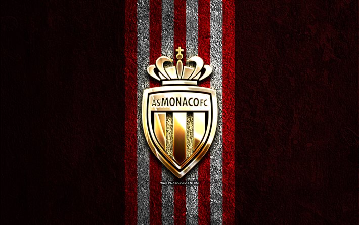 AS Monaco golden logo, 4k, red stone background, Ligue 1, french football club, AS Monaco logo, soccer, AS Monaco emblem, AS Monaco, football, Monaco FC