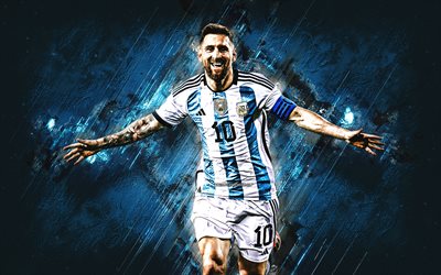 lionel messi, l'équipe nationale de football d'argentine, le portrait, le but, l'arrière-plan en pierre bleue, le footballeur argentin, l'argentine, le football, leo messi