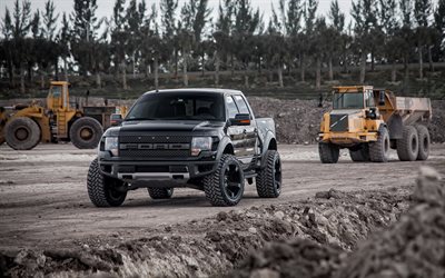 Ford F-150 Raptor, 2016, mining machinery, SUVs, tuning, black ford