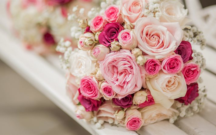 rosas cor de rosa, 5k, buquê de casamento, close-up