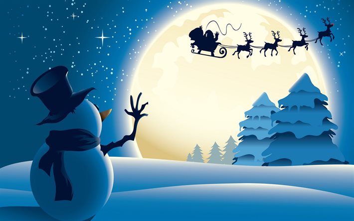 Snowman, winter, night, Santa Claus, reindeers, Christmas