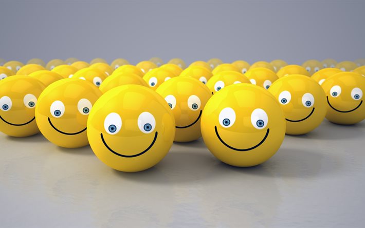 3d smilies, 4k, gelbe bälle, kreative