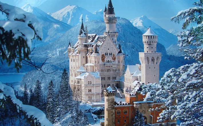 castelo de neuschwanstein, montanhas, inverno, neve, abeto, alemanha