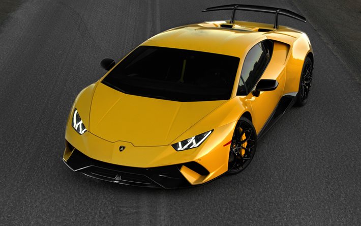 Lamborghini Huracan Performante, amarillo coche deportivo, vista de frente, desde arriba de nuevo el amarillo de Huracan, italiano de superdeportivos, Lamborghini