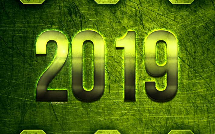 novo ano de 2019, textura de metal verde, verde 2019 de fundo, arte criativa, feliz ano novo, estilo grunge