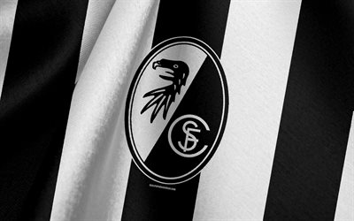 sc freiburg, tyskt fotbollslag, svart och vit flagga, emblem, tygstruktur, logotyp, bundesliga, freiburg, tyskland, fotboll