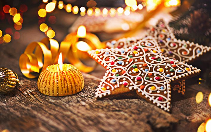 Yeni Yıl, mumlar, gingerbread, Noel, Mutlu Noeller, Noel süsleri, Yeni Yıl Arifesinde