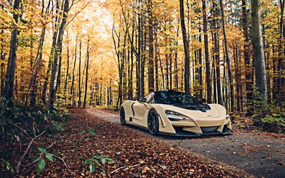 McLaren 720S, 4k, automne, forêt, 2019 voitures, hypercars, beige 720S, supercars, McLaren