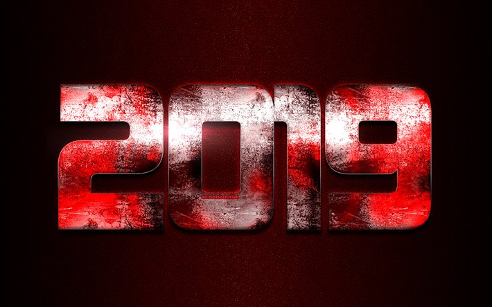 Nuovo Anno 2019, creativo, numeri rossi, metallizzato iscrizione, rosso 2019 sfondo, Felice Anno Nuovo, arte