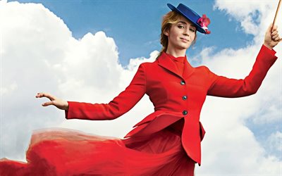 4k, Mary Poppins Devuelve, cartel, Emily Blunt, 2018 película, Mary Poppins, el cielo azul