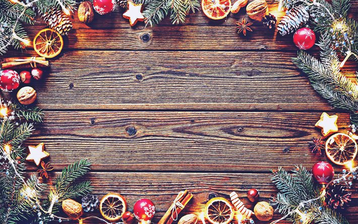 Xmas decoration frame, wooden background, Christmas, golden decorations, Merry Christmas, Christmas lights, xmas, Happy New year