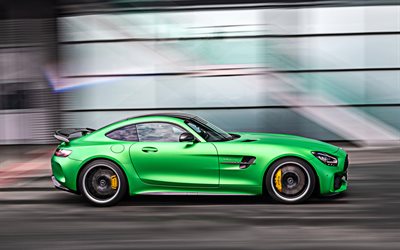 Mercedes-AMG GT R Pro, 2020, green supercar, side view, race track, sportcar on track, fast driving, Mercedes