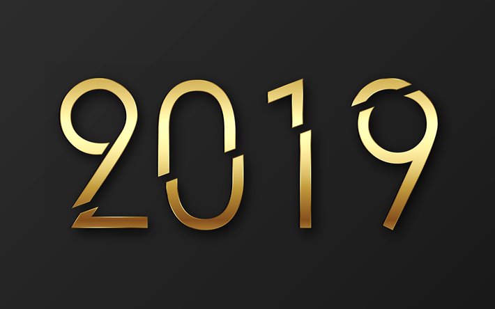 4k, 2019 golden digits, gray background, Happy New Year 2019, 3D digits, 2019 concepts, 2019 on gray background, 2019 year digits