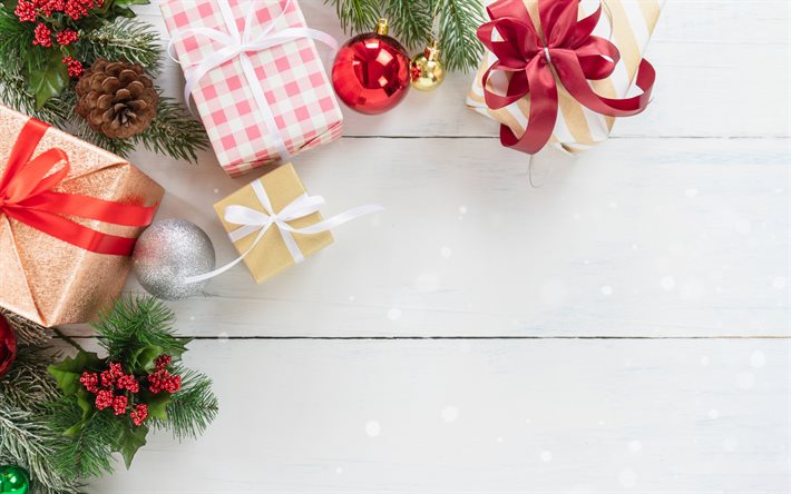 クリスマス, 新年, 贈り物, 箱, 光のクリスマスの背景, 赤いシルク弓