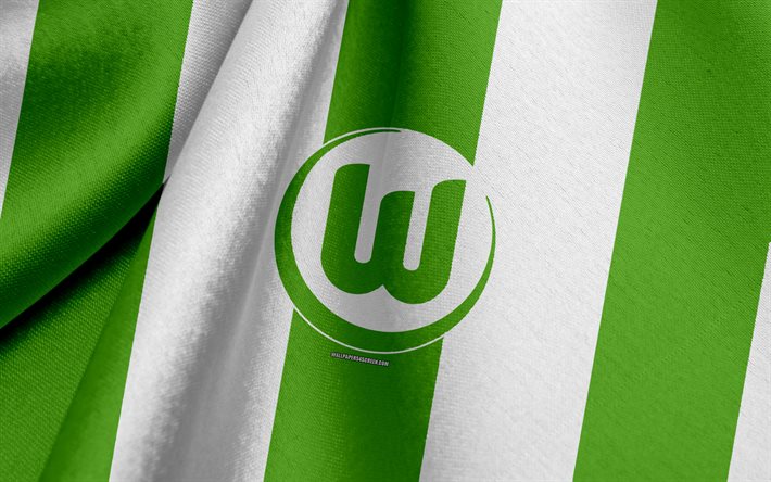 Wolfsburg, Italian football team, green and white flag, emblema, fabric texture, logo, Bundesliga, Germania, football