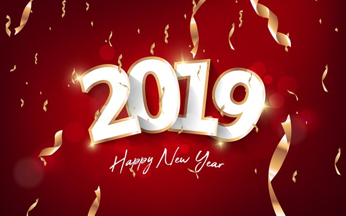 4k, 2019 white digits, red background, Happy New Year 2019, golden ribbons, 2019 concepts, 2019 on red background, 2019 year digits