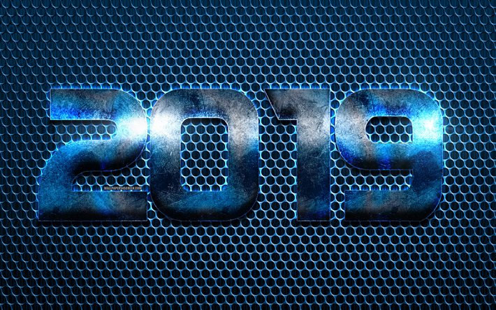 2019 creative blue background, blue metal mesh, steel letters, New 2019 Year, 2019 concepts, art