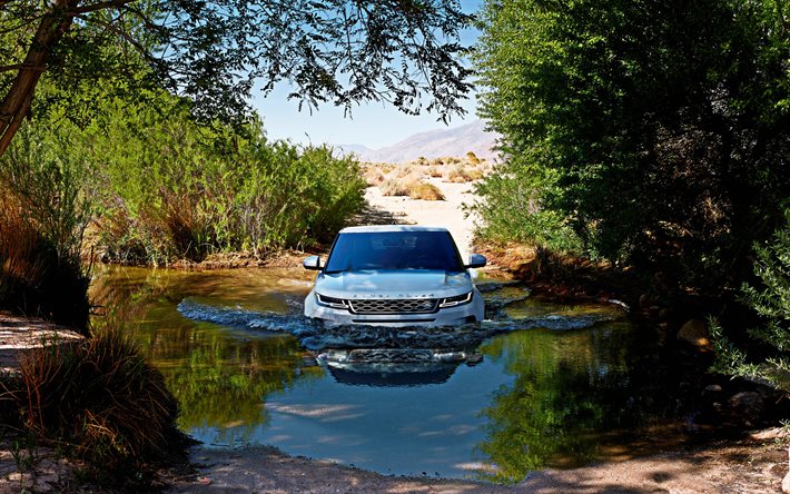 Range Rover Evoque, 2020, 앞에서 보기, 를 타고 물, 새로운 흰색 Evoque, 영국 SUV, 랜드로버