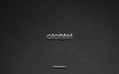 Alcatel logo, brands, gray stone background, Alcatel emblem, popular logos, Alcatel, metal signs, Alcatel metal logo, stone texture