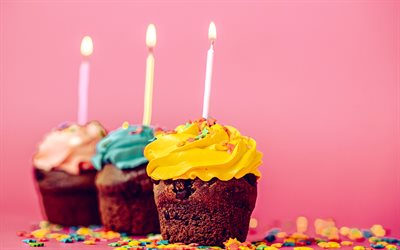 촛불을 든 컵케이크, 생일 축하, 초콜릿 컵케이크, 생일 축하 배경, 생일 축하 카드, 과자, 빵 굽기
