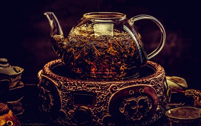 chá preto, 4k, bule com chá, bule de vidro, porta bule com enfeites indianos, festa do chá, cerimônia do chá, preparação de chá, folhas de chá