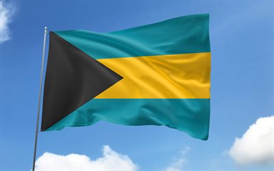bahaman lippu lipputankoon, 4k, pohjois amerikan maat, sinitaivas, bahaman lippu, aaltoilevat satiiniliput, bahaman kansalliset symbolit, lipputanko lipuilla, bahaman päivä, pohjois amerikka, bahama