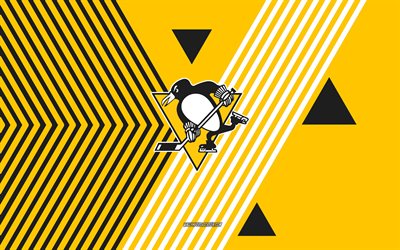 logo des penguins de pittsburgh, 4k, équipe américaine de hockey, fond de lignes noires jaunes, pingouins de pittsburgh, lnh, etats unis, dessin au trait, emblème des penguins de pittsburgh, le hockey