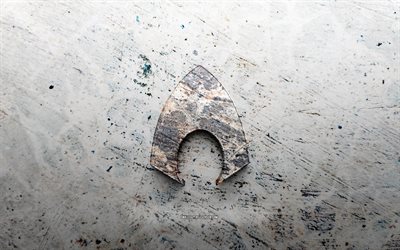 logotipo de piedra aquaman, 4k, fondo de piedra, logotipo 3d de aquaman, superhéroes, creativo, logotipo de aquamán, arte grunge, aquamán